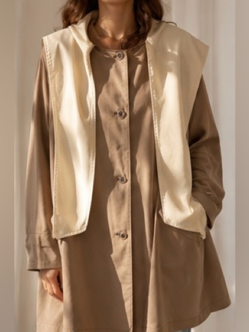 Light Taupe Trench Coat with Cream Shawl Collar